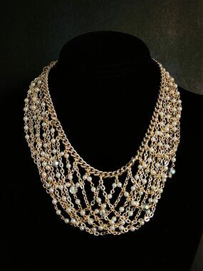 VTG 1960s Signed Japan Pearl Aurora Borealis Gold Bib Statement Necklace 17"
